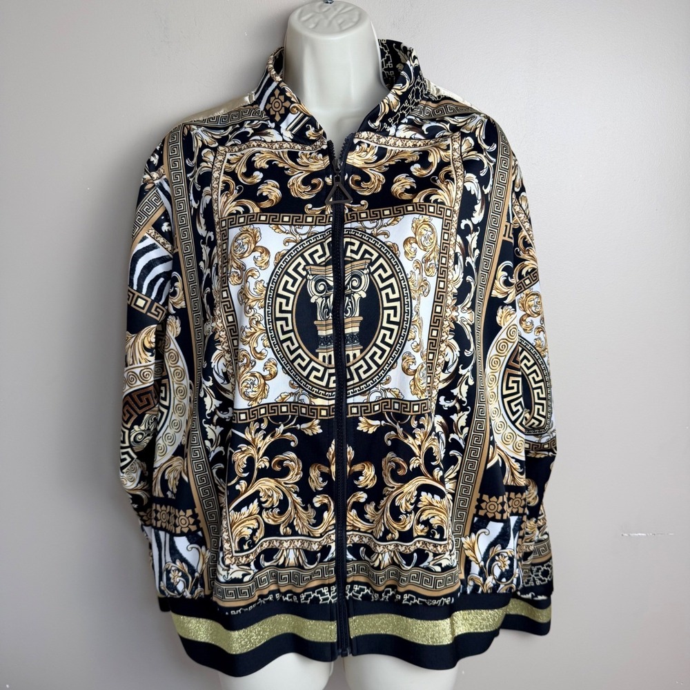 Ashley‎ Sport Women's 22/24 3X Baroque Bomber Jacket Black Gold Greek Key Zebra